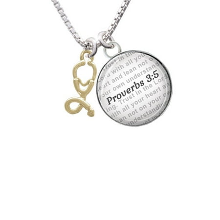 Glass Dove Necklace - Gold Tone Stethoscope - Bible Verse Proverbs 3:5 Glass Dome Necklace