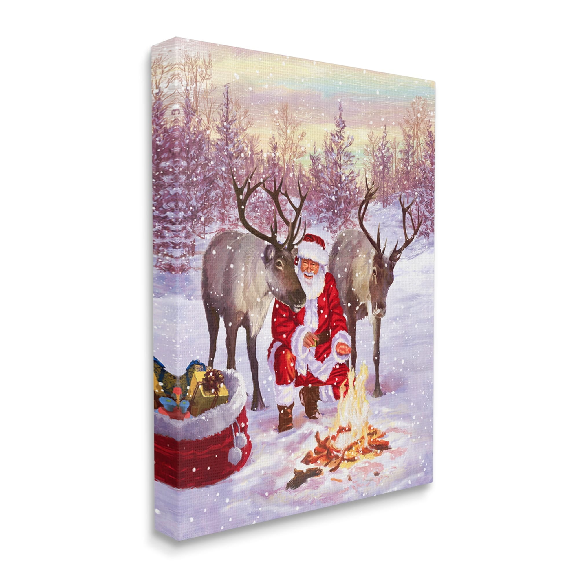 Stupell Industries Santa & Reindeer Bonfire Scene Holiday Painting Gallery Wrapped Canvas Print Wall Art