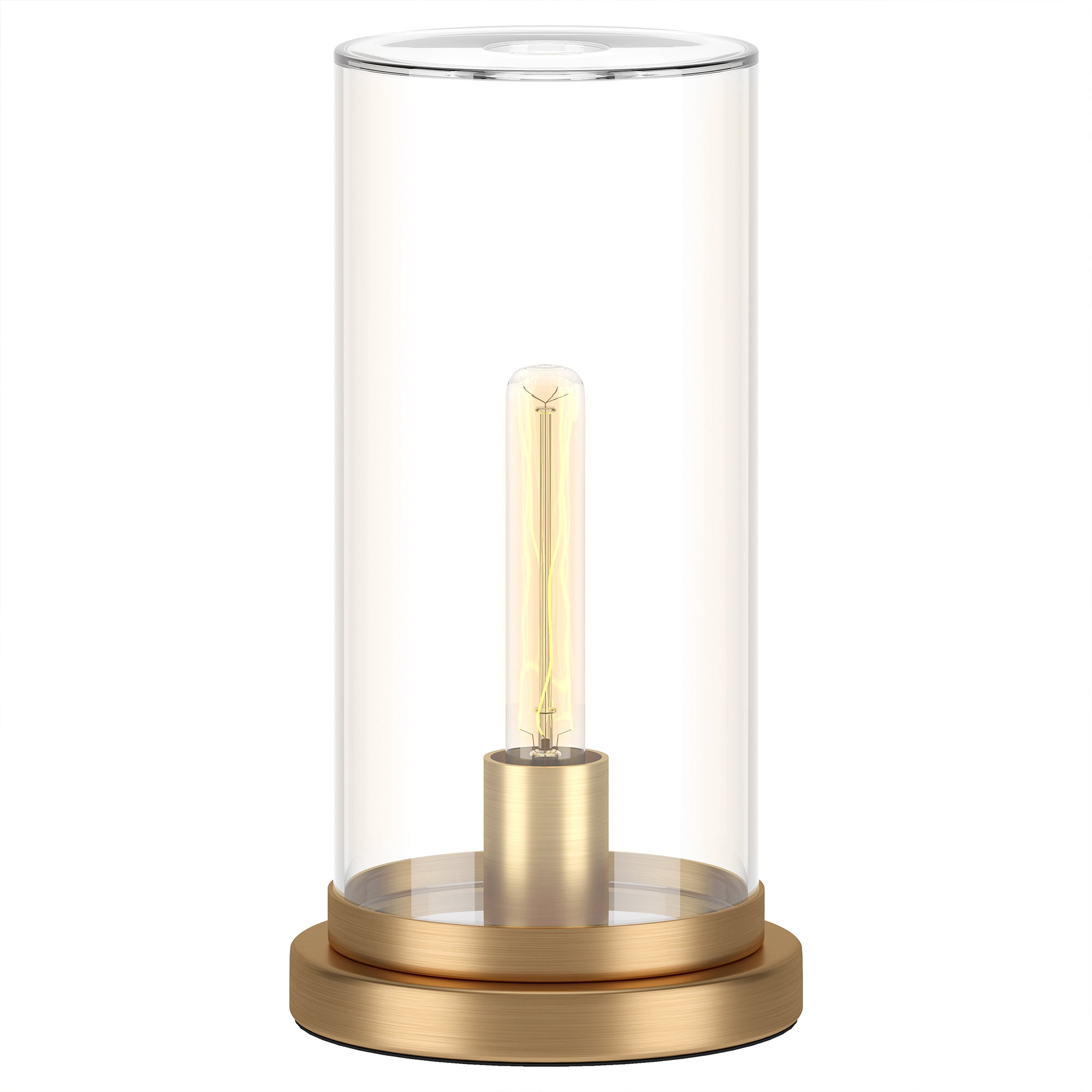 Evelyn&Zoe Perabo 13" Tall Uplight Mini Lamp with Glass Shade, Brushed Brass/Clear