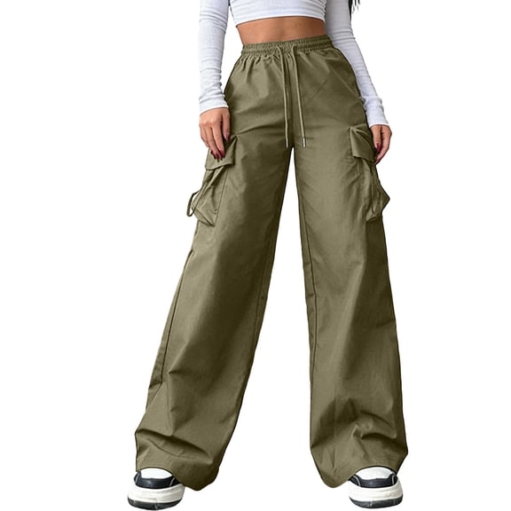 Kvture Women's Cargo Pants Casual Straight Wide Leg Work Pants Elastic Waisted Lightweight Loose Hiking Pant with Pockets Army Green Pant L