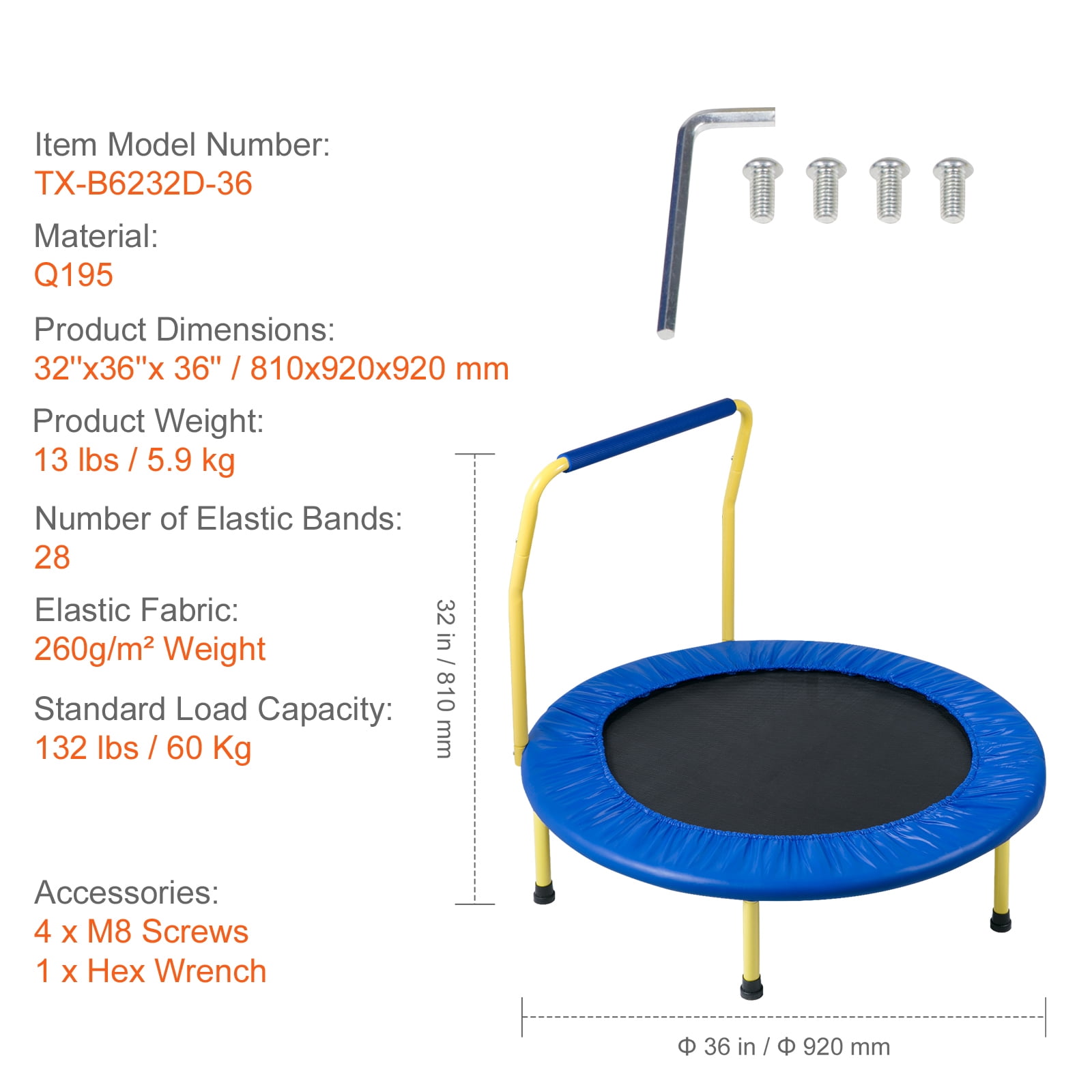 KFFKFF 36-inch Trampoline for Children, 3FT Indoor/Outdoor Toddler Trampoline, Collapsible Petite Trampoline with Cushioned Grip, Fun Trampoline Present for Kids Aged 3