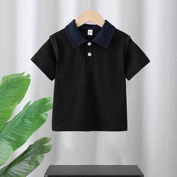 DAETIROS Boys Short Sleeve 100% Cotton Contrast Collar Polo Shirt Youth Black Top T-Shirt 2-14 Years School Uniform Casual,Size 9-10 T