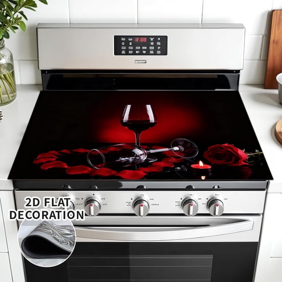 Stove Top Cover for Electric Stove 28×20 Inch Heat Resistant Glass Cooktop Cover Protector Red Wine Rose Design