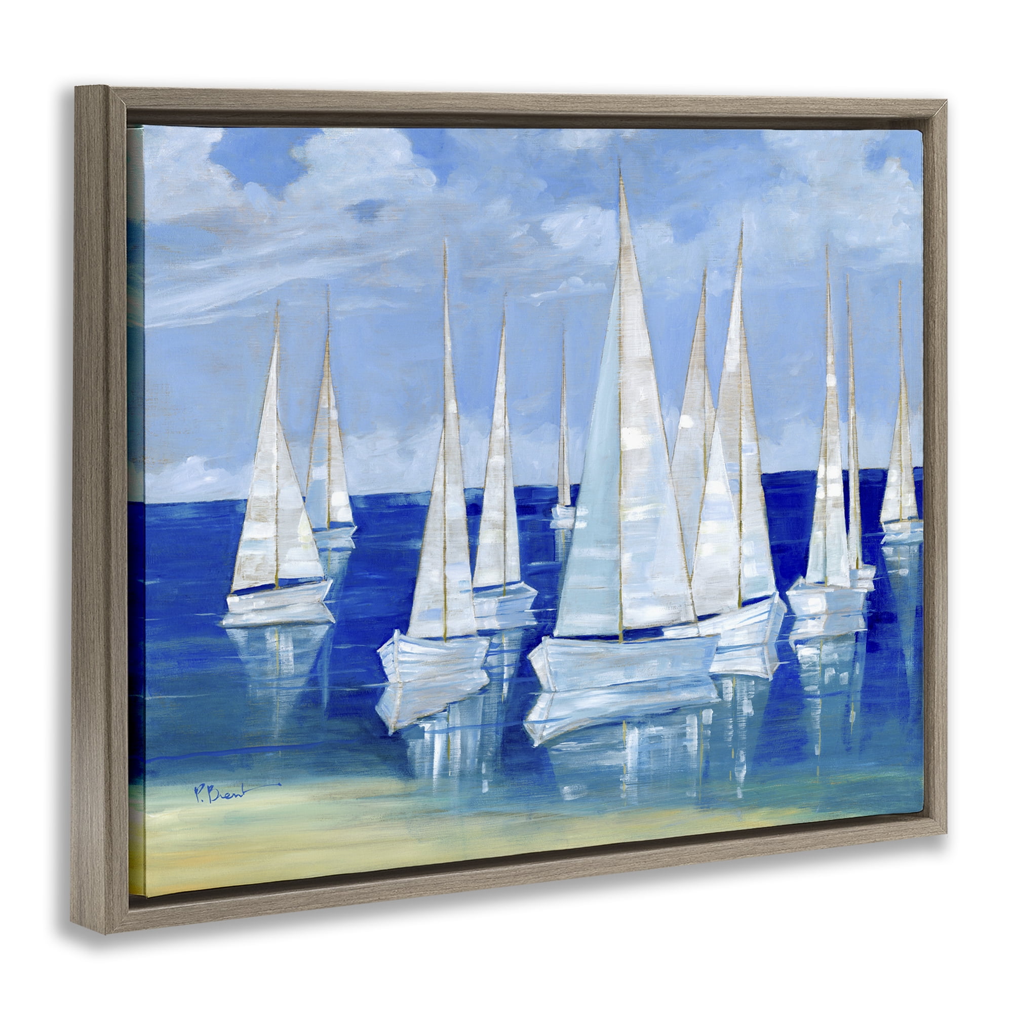 Stupell Industries Blanco Beach Sailboats Brown Framed Floater Canvas Wall Art, design by Paul Brent