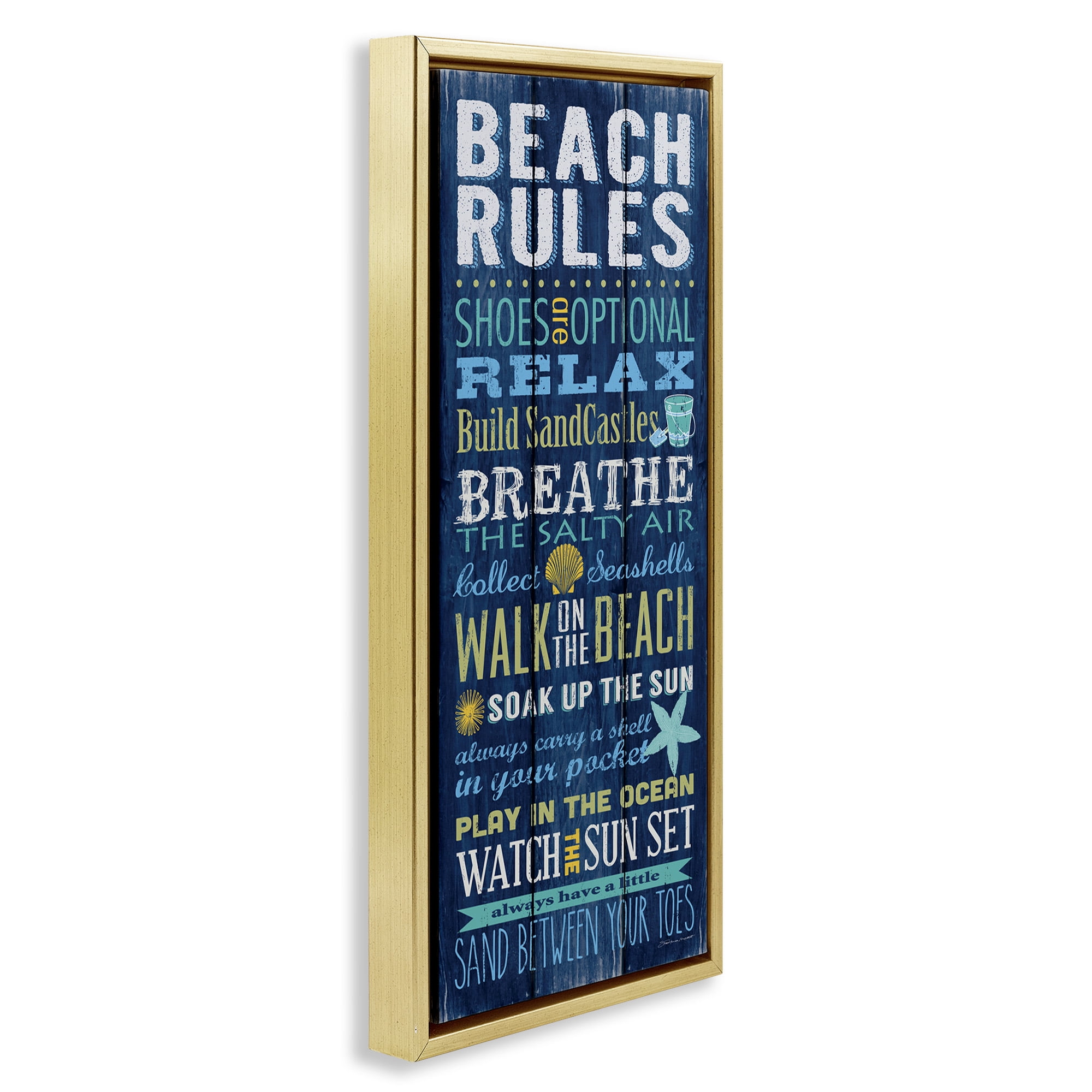Stupell Industries Blue Planked Beach Rules Sign Nature Painting Gold Floater Framed Canvas Art Print Wall Art, 11 x 25