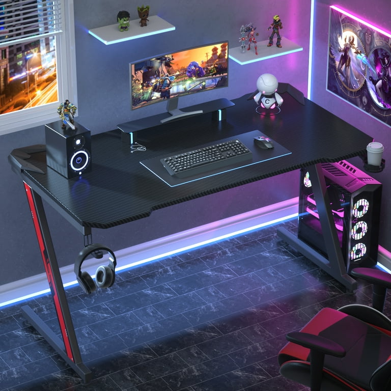 Gaming Computer Desk with RGB Lights,Ergonomic Z Shaped Gaming Desk with  Headphone Hook and Cup Holder,Girls Style Gamer Table for Home Office Small  Spaces : : Home