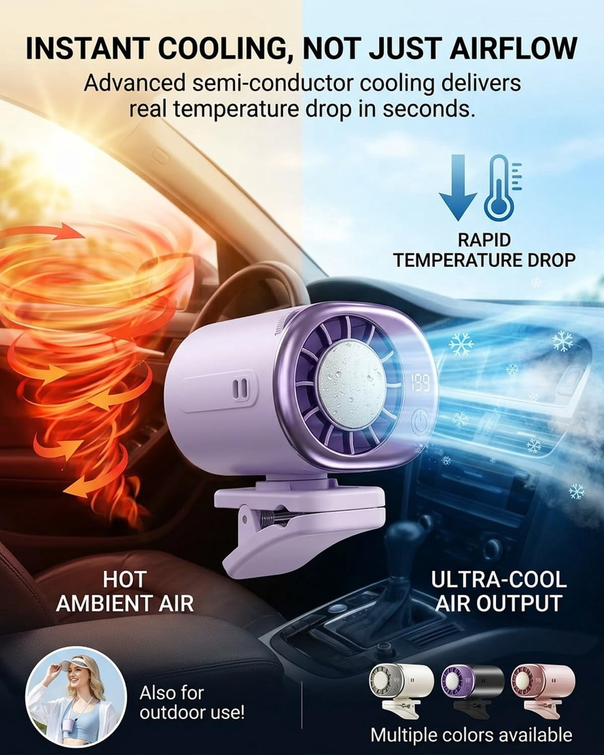 2026 Car Clip on Air Conditioner Fan with LED Display - 360° Rotation, USB Rechargeable Personal Cooling Fan, 199 Speeds Adjustable, 16℃ Semi-Cooling Wide Clamp Detachable