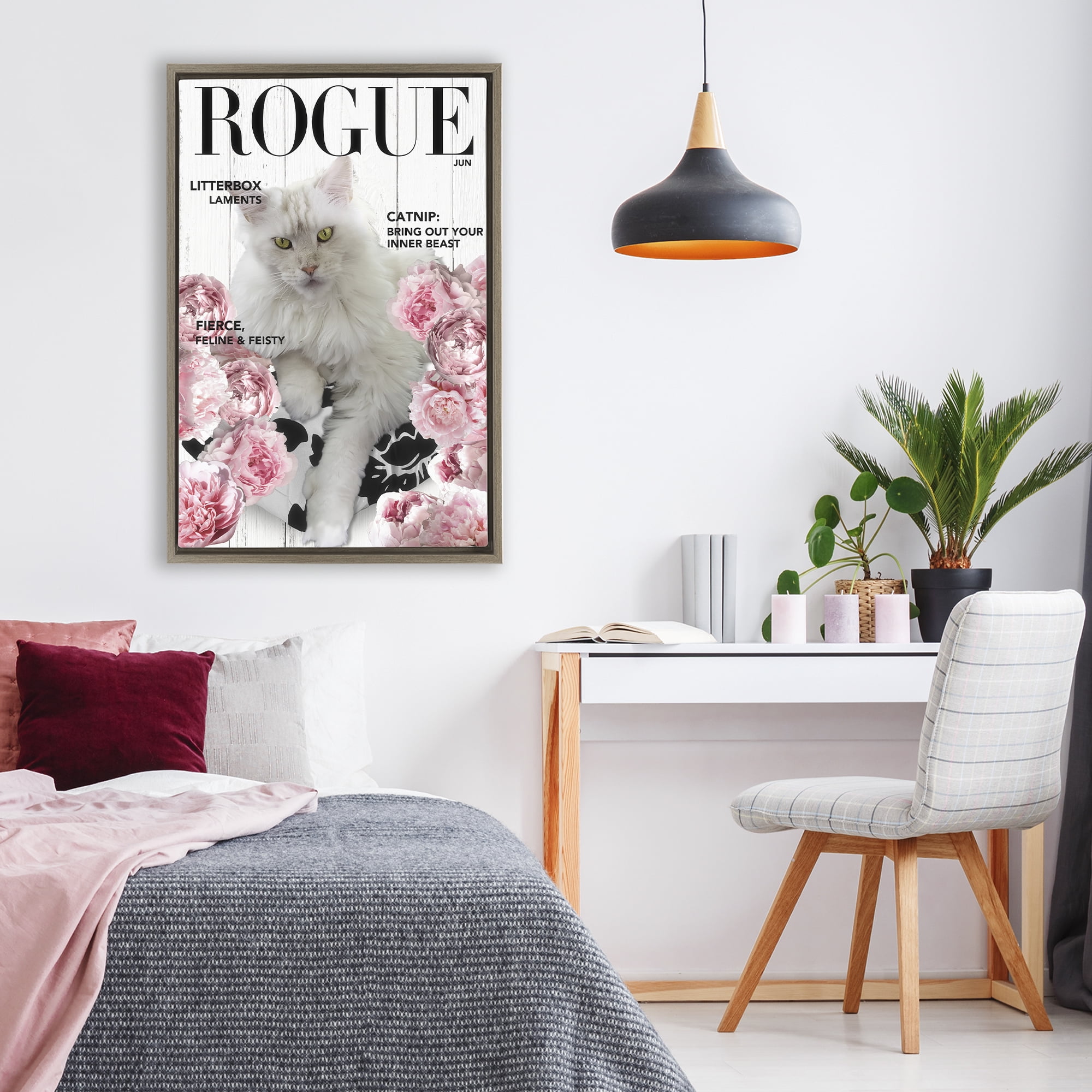 Funny Floral Cat Magazine Brown Framed Floater Canvas Wall Art, design by Sasha