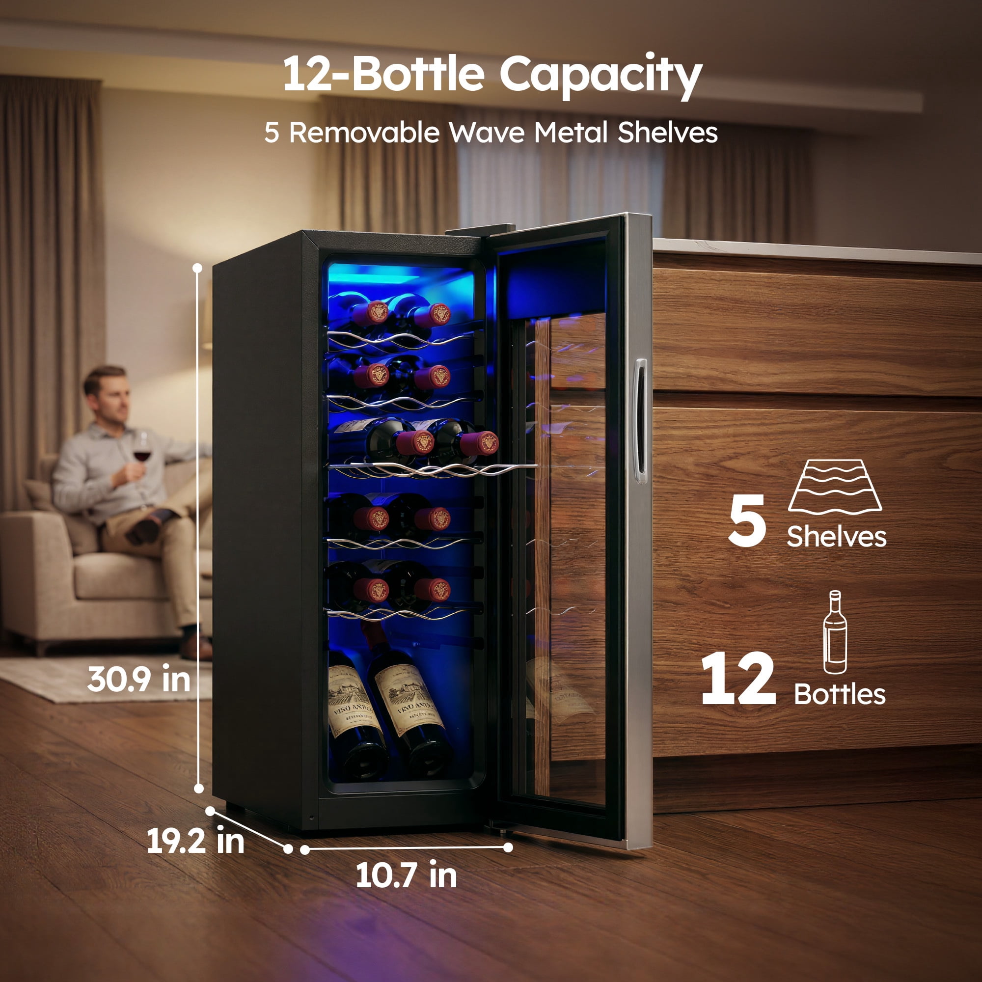 Simzlife 12 Bottle Wine Cooler Refrigerator with Lock, 11 inch Wine Chiller with Stainless Steel Glass Door, Freestanding