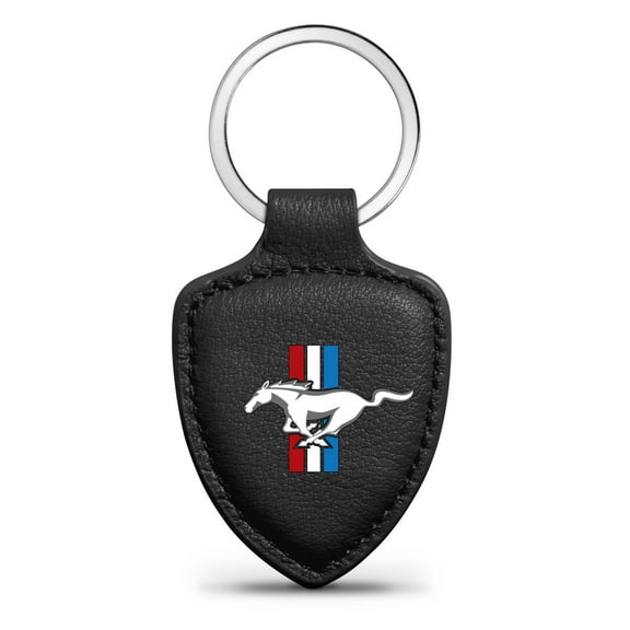 iPick Image for Ford Mustang Tri-Bar Logo Black Real Leather Shield-Style Key Chain, Official Licensed
