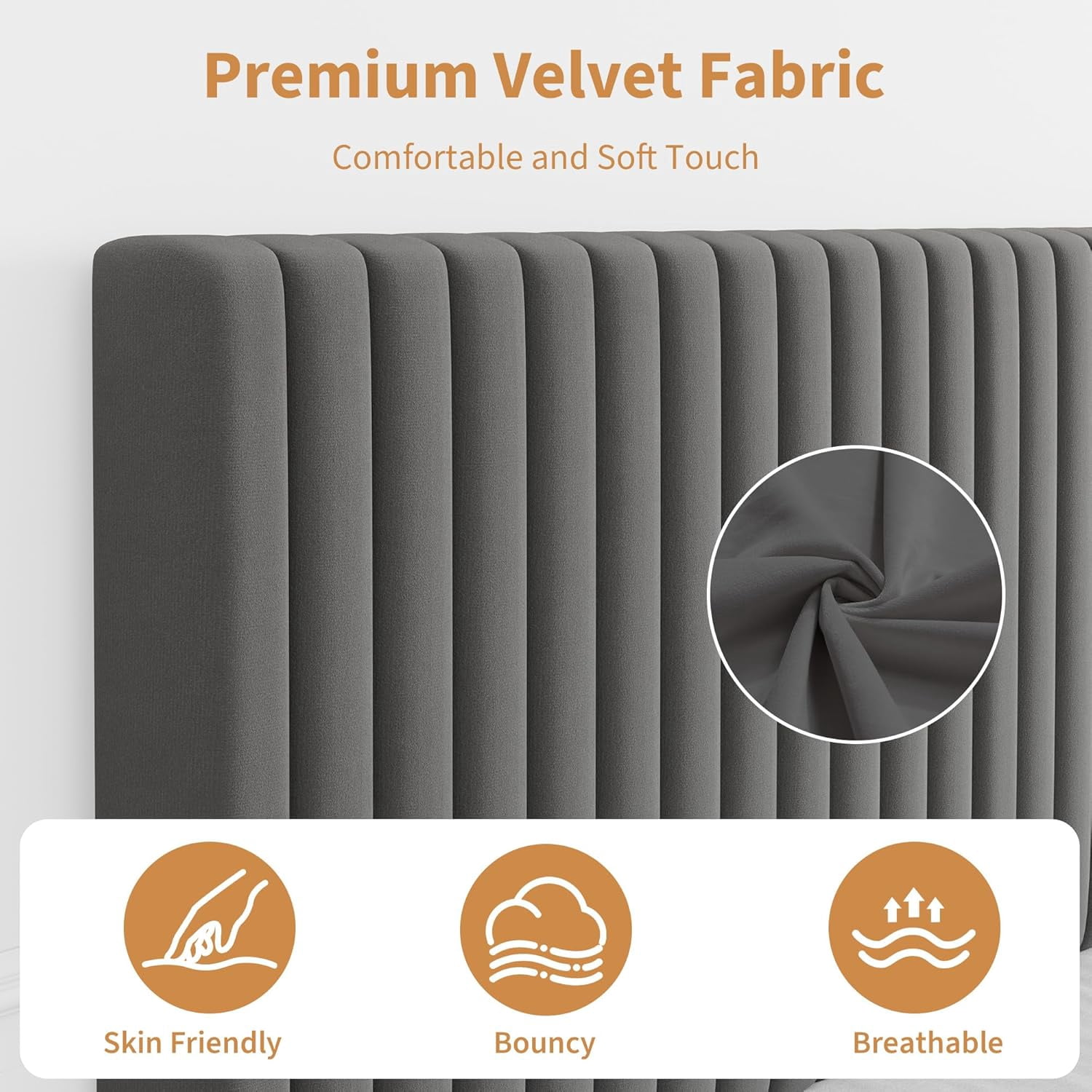 King Bed Frame with Adjustable Headboard, Velvet Upholstered Platform King Size Bed Frame, Vertical Channel Tufted, Strong Wooden Slats, No Box Spring Needed, Easy Assembly, Grey
