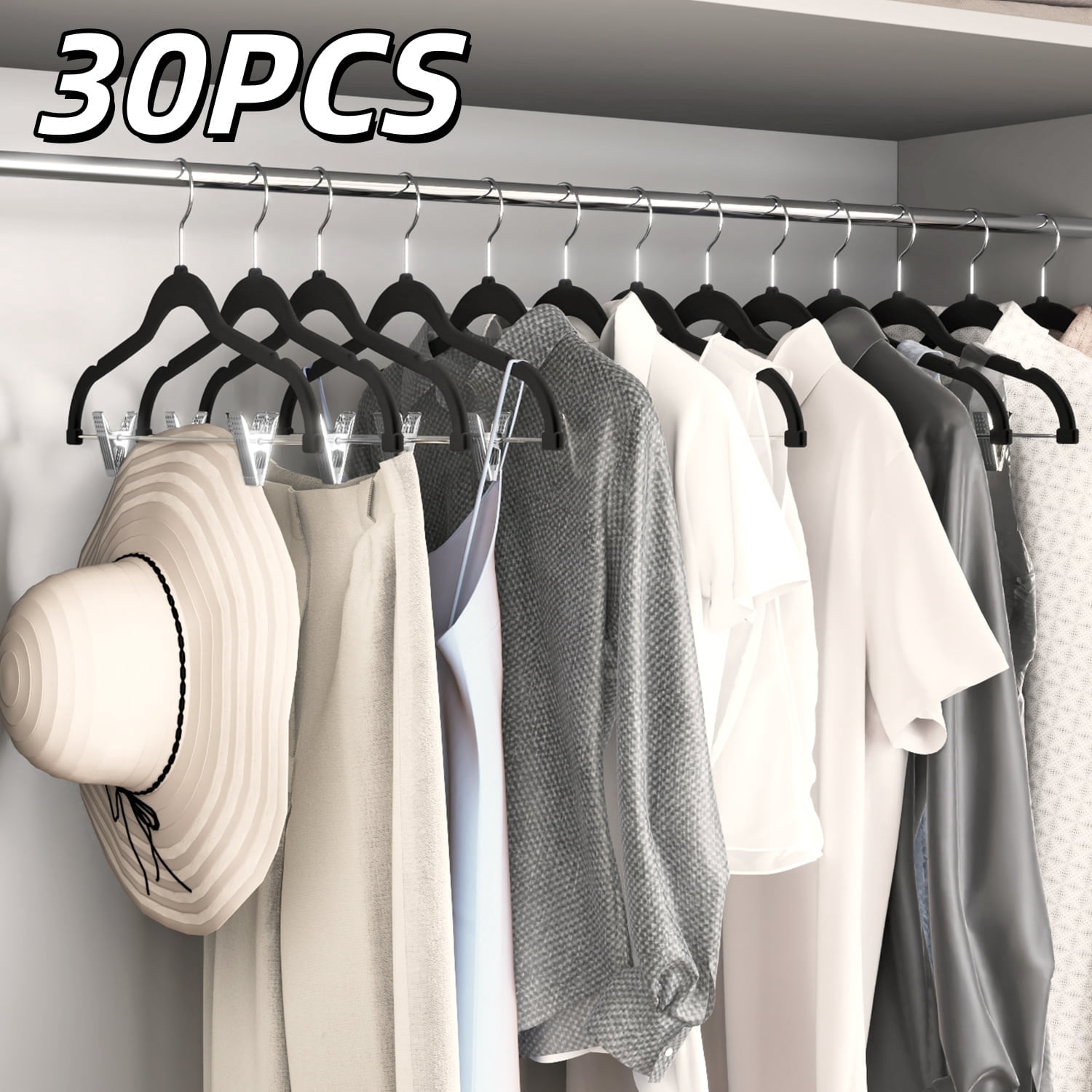 LEDREM 30-Pack Adjustable Velvet Hangers, Heavy-Duty Non-Slip Skirt Hangers, Pants Hangers with Movable Clips, Space-Saving for Dresses & Coats, Black
