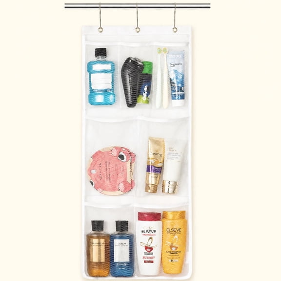 Norcho Mesh Shower Caddy, 7-Pocket Hanging Shower Organizer with Quick-Dry Mesh, Portable Bathroom Storage for Soap, Shampoo, and Toiletries, White, 1-Pack