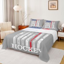 Homewish Cartoon Ice Hockey Queen Sheet Sets, Eat Sleep Sports Flat Sheet, Grey Stripes Abstract Queen Fitted Sheet, Lightweight Room Decor, 4 Pieces