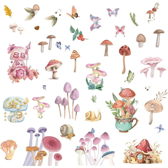 1Set 8 Styles Mushroom Butterfly Wall Stickers Decals Fairy Tale PVC Window Waterproof Self Adhesive Vinyl Cling Peel and Stick for Dorm Bedroom Living Room Store Nursery Wall Decorations Party