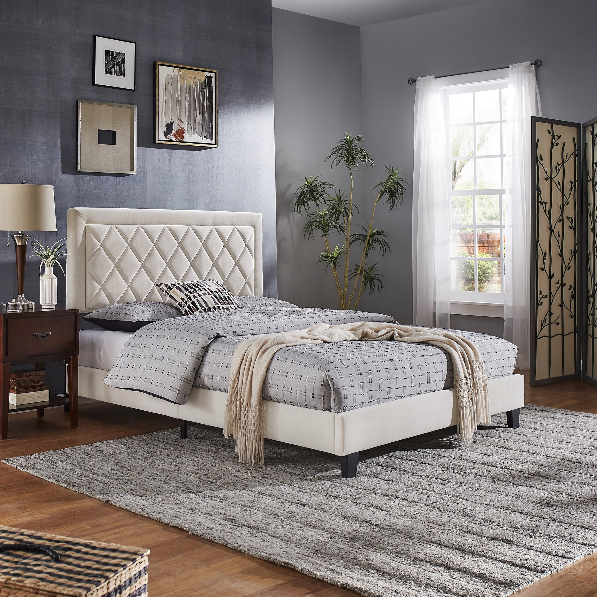 Weston Home Brielle Black Finish Frame with Velvet Upholstered Platform Queen Bed, Cream