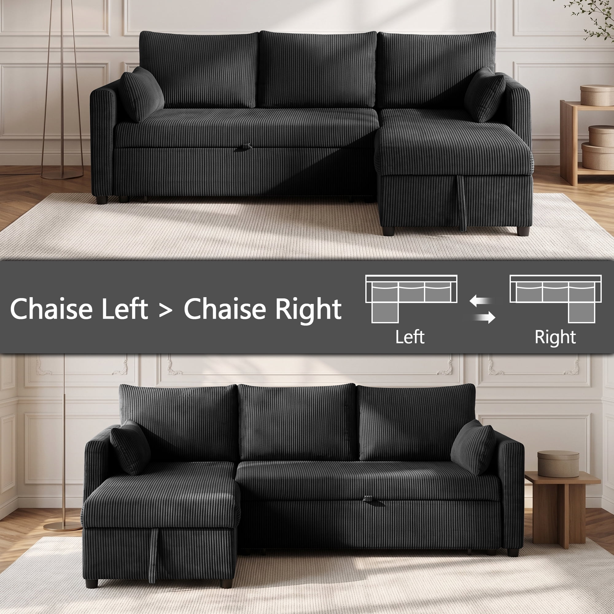 Xiweot Convertible Sectional Sleeper Sofa Bed, 85" L Shaped Couch with Pull Out Bed, Side Pockets & Storage Chaise, Corduroy 3 Seater Sectional Couch for Living Room Apartment (Black)