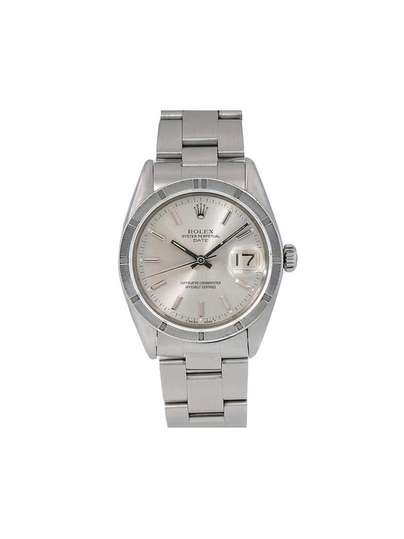 Pre-Owned Rolex Date 34MM 1501 Silver Dial Engine Turned Bezel Stainless Steel Oyster Bracelet