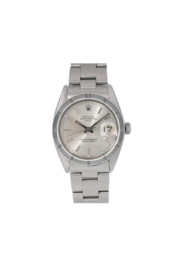 Pre-Owned Rolex Date 34MM 1501 Silver Dial Engine Turned Bezel Stainless Steel Oyster Bracelet