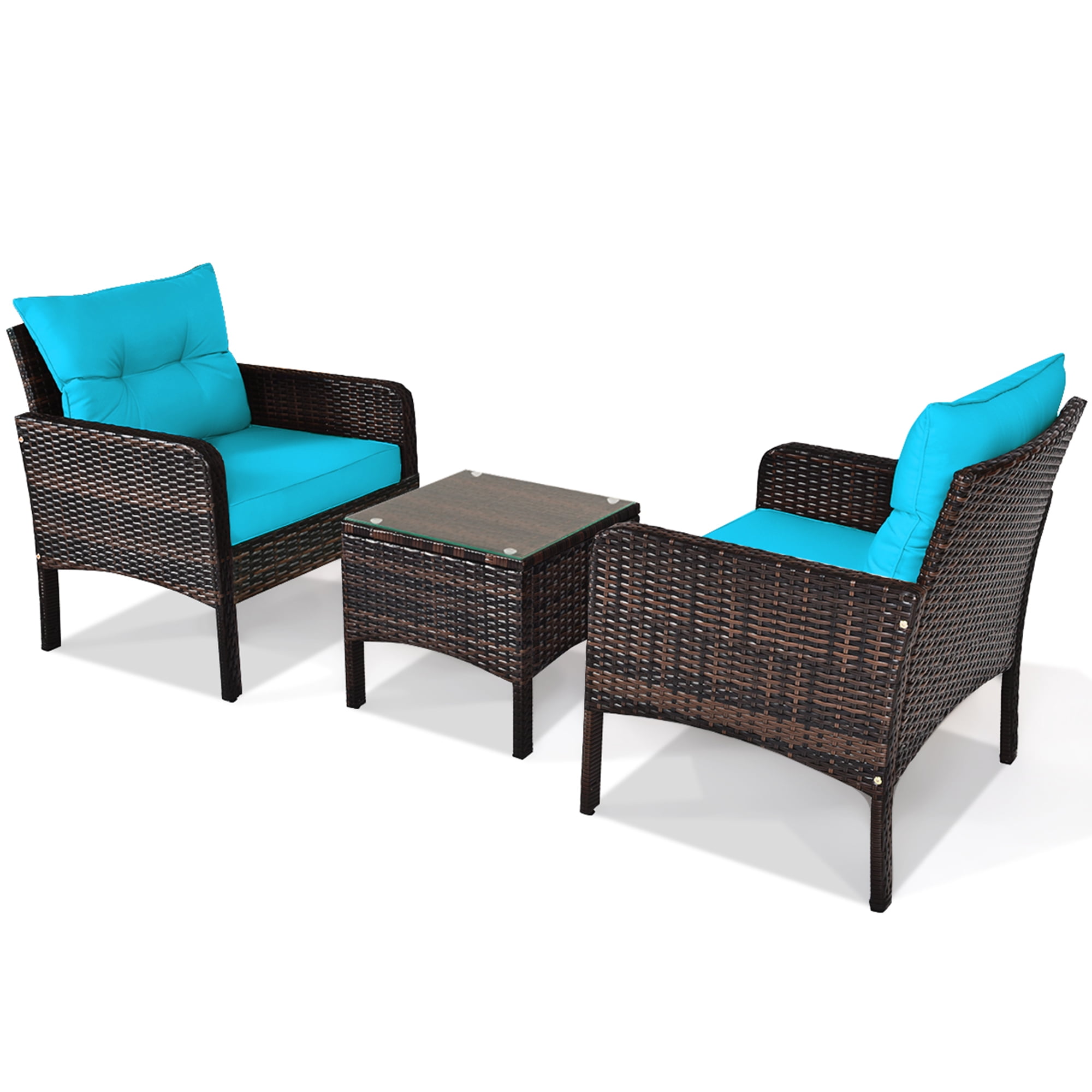 Gymax 3PCS Patio Outdoor Rattan Furniture Set w/ Coffee Table Turquoise Cushion