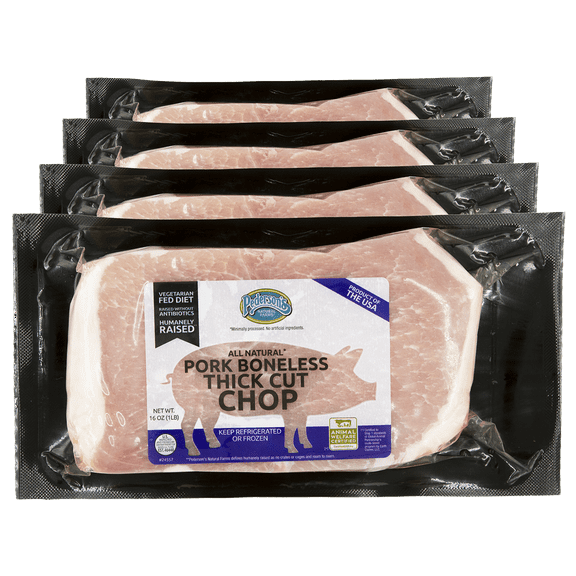 Pedersons Farms, All Natural Boneless Thick Cut Pork Chops, (4 Packages, with 2 x 8 Ounce Chops in Each)