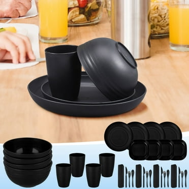 Wheat Straw Dinnerware Sets,Reusable Dinnerware,Unbreakable Dinner Plates for 4,Black Set 8pcs Plates, 4pcs Bowls, 4pcs Cups,and tableware,Microwave Dishwasher Safe