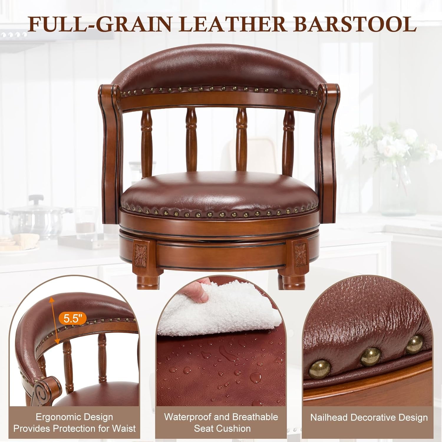 AULIFE Bar Stools Mid-Back Modern Swivel Barstools,Kitchen Counter Genuine Leather Upholstered Island Barstool with Footrest for Home Kitchen Dining Room