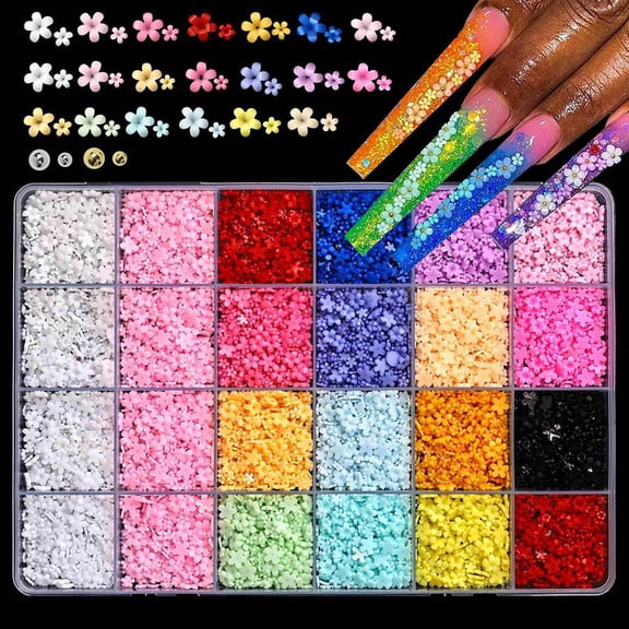 3D Nail Art Stickers Flower Designs - Colorful 5-Petal Acrylic Nail Art Decorations with Beads for DIY Nail Art Craft