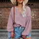 thumbnail image 2 of Mujeres V cuello globo manga camisa suelta casual profundo V cuello solo pecho linterna manga larga algodón camisa pullover top, 2 of 6