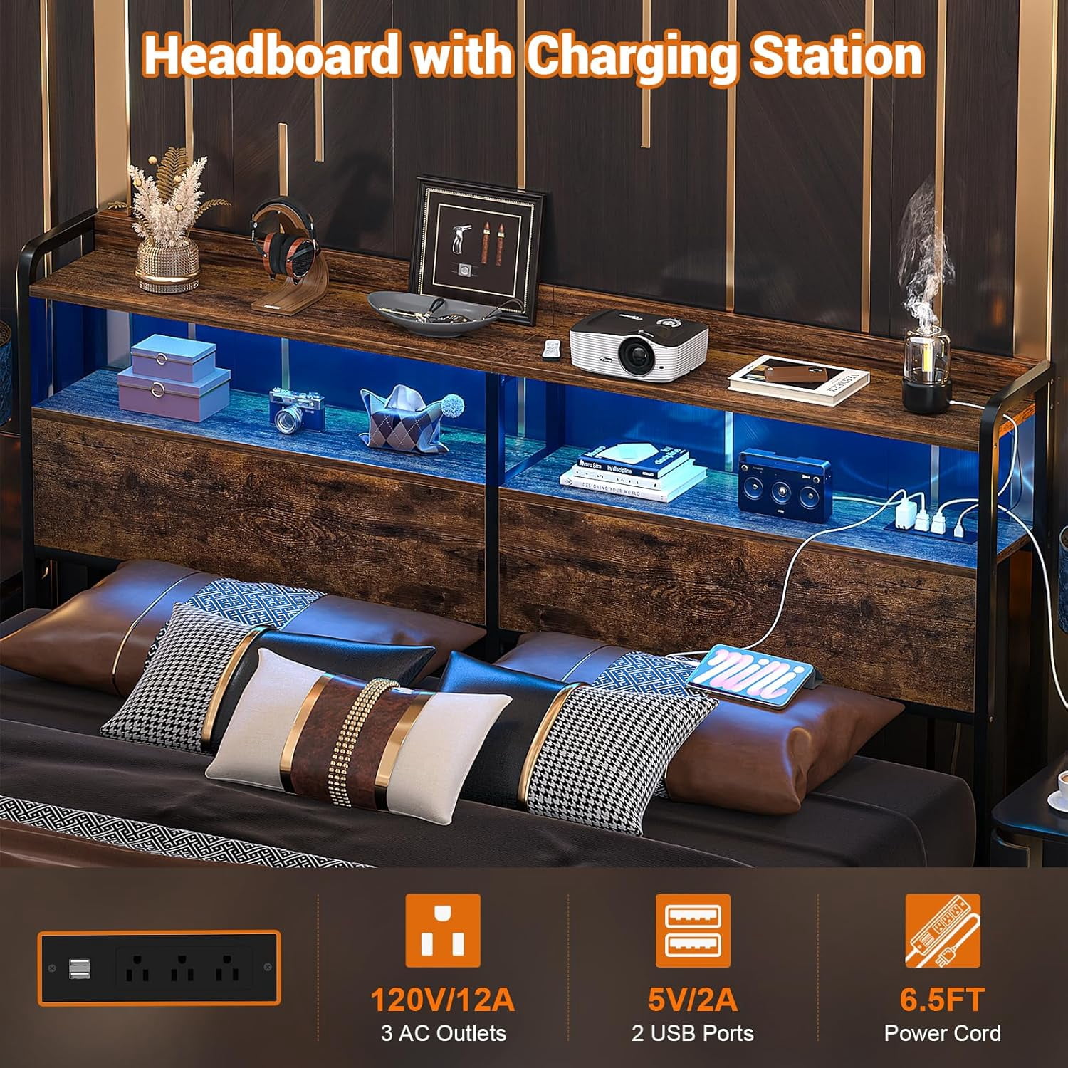 iSunrim Headboard for Queen Size Bed Frame, Headboard with Charging Station, USB Ports and LED Light, Headboard with Storage, Height Adjustable, Queen Size, Rustic Brown
