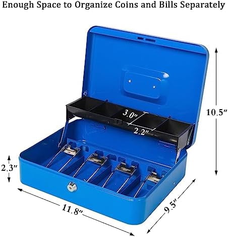 Locking Large Metal Cash Box with Money Tray, Lock Money Box with Key, Blue, CB00513XL