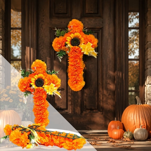 Gausva Artificial Marigold and Carnation Cross Decoration for Day of the Dead