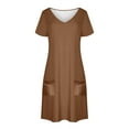 thumbnail image 4 of Vestido Corto de Verano de Moda de Color Sólido Vestido Casual de Cuello en V de Manga Corta, Desgaste Ligero de Poliéster para las Mujeres, Lavado de Manos, 4 of 9