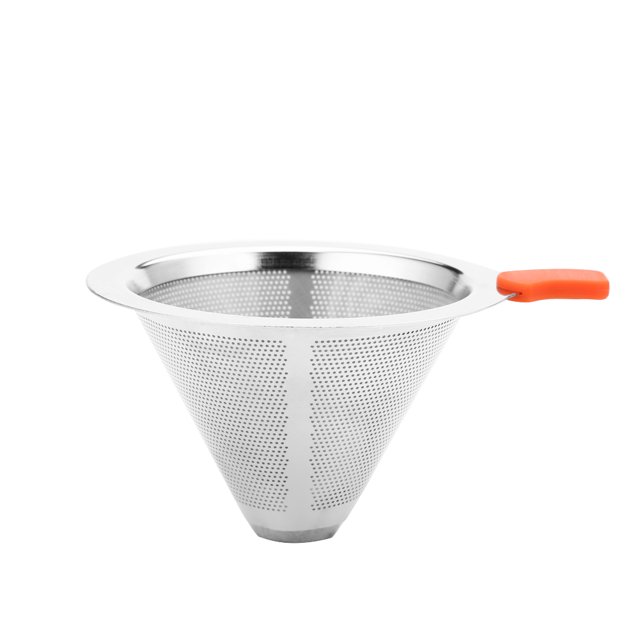 Colador de café de malla de boca ancha de acero inoxidable, soporte de filtro extraíble con mango naranja