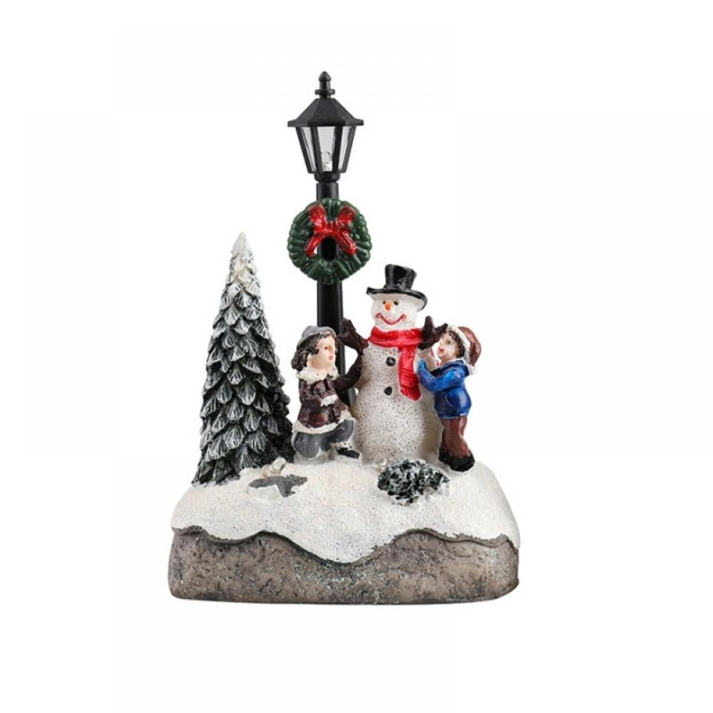 Christmas Village Ornaments,Resin LED Warm Light Christmas Tree Figurines,Mini Snowman Christmas
