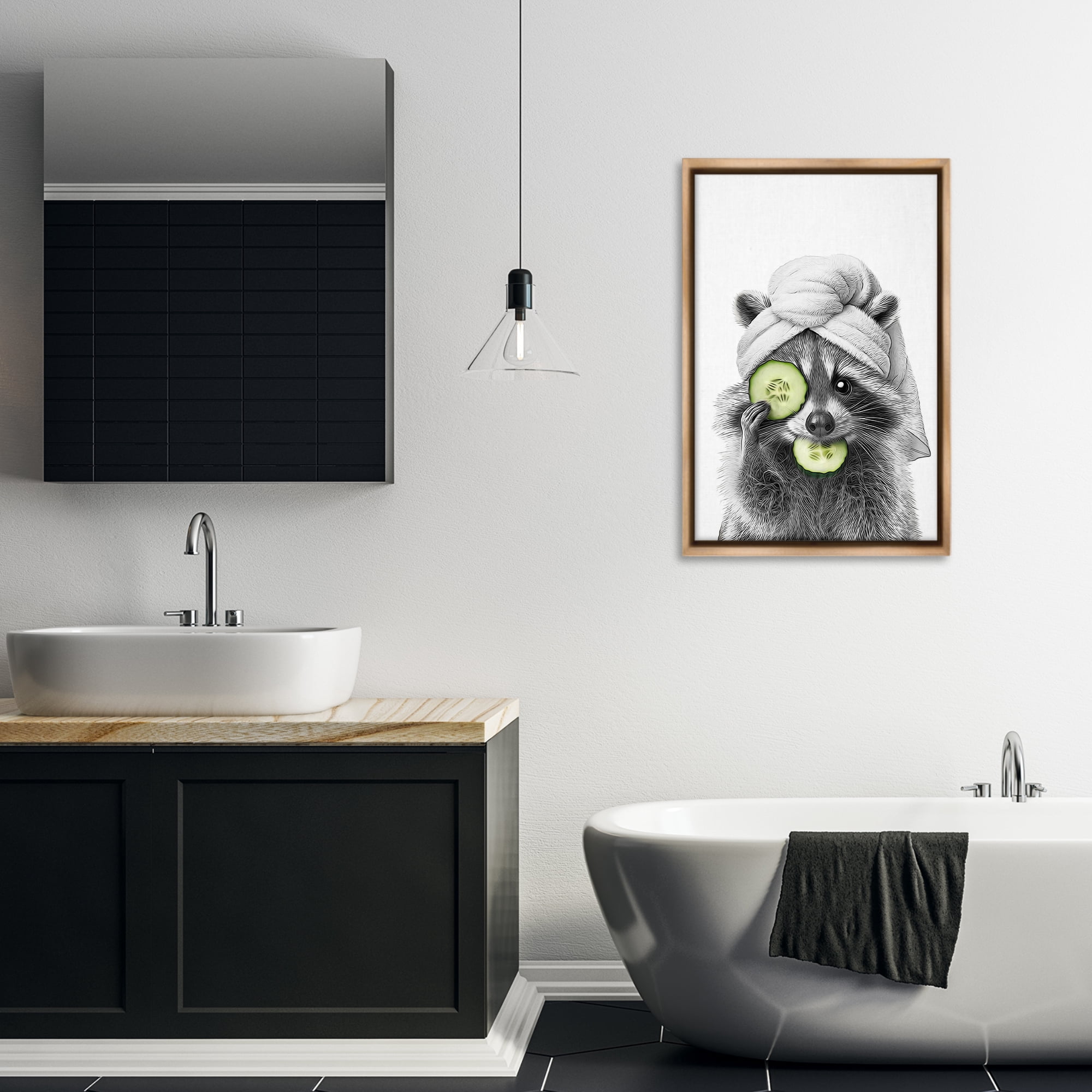 Stupell Industries Raccoon Spa Day Typography Painting Brown Floater Framed Canvas Art Print Wall Art, 21 x 31