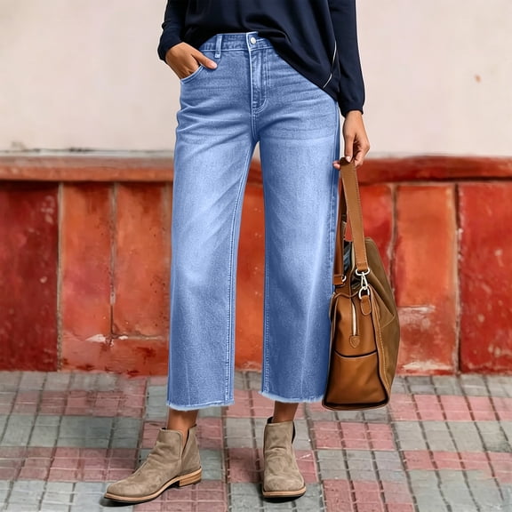 Cropped Jeans for Women Summer Frayed Hem Straight Ankle Jeans Stretchy High Waisted Baggy Boyfriend Denim Capris