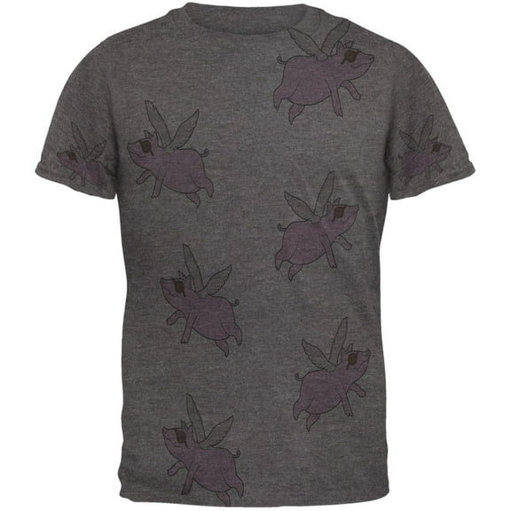 Flying Pigs All Over Dark Heather Soft Adult T-Shirt - 2X-Large
