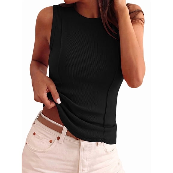 Women's Solid Ribbed Crew Neck Slimming Sleeveless Crop Tank Top Basic Daily Layering Vest Black S