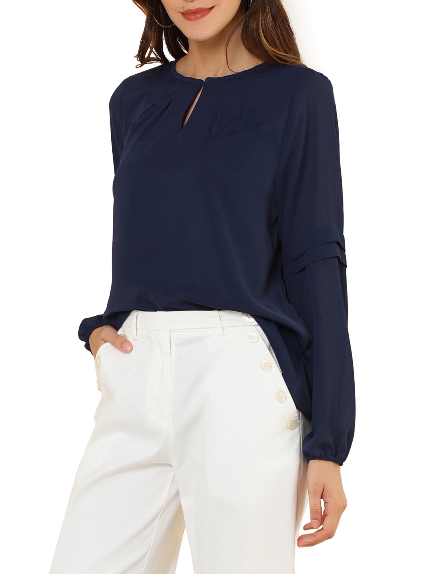 DARING DIVA Chiffon Semi Sheer Long Sleeves Keyhole Neck Blouse XL Dark Blue