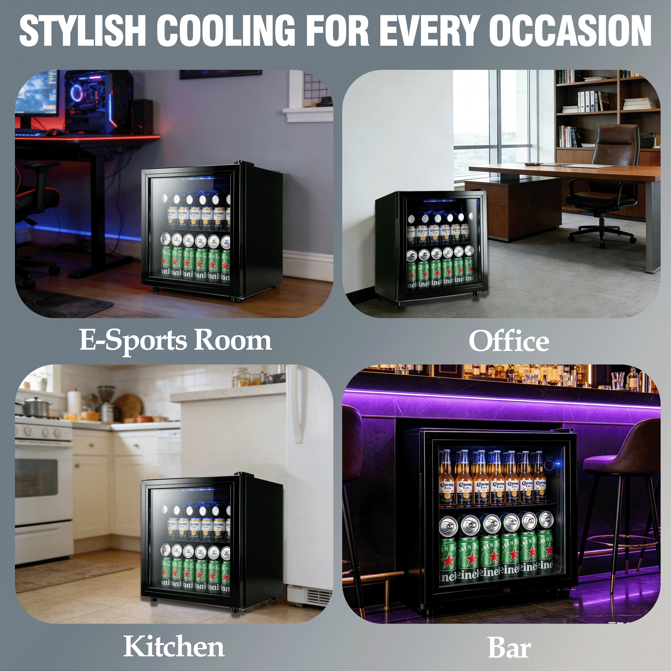 CALLIEVER 1.7 Cu. ft Mini Fridge,62 Can Mini Beverage,Refrigerator Cooler,Mini Fridge with Glass Door,Stainless Steel Look,Black