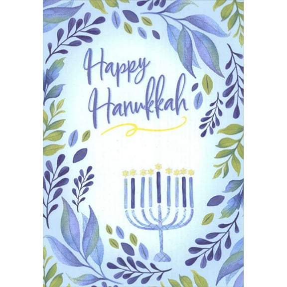 Designer Greetings Menorah : Light Blue and Green Vine Borders Box of 18 Hanukkah Cards