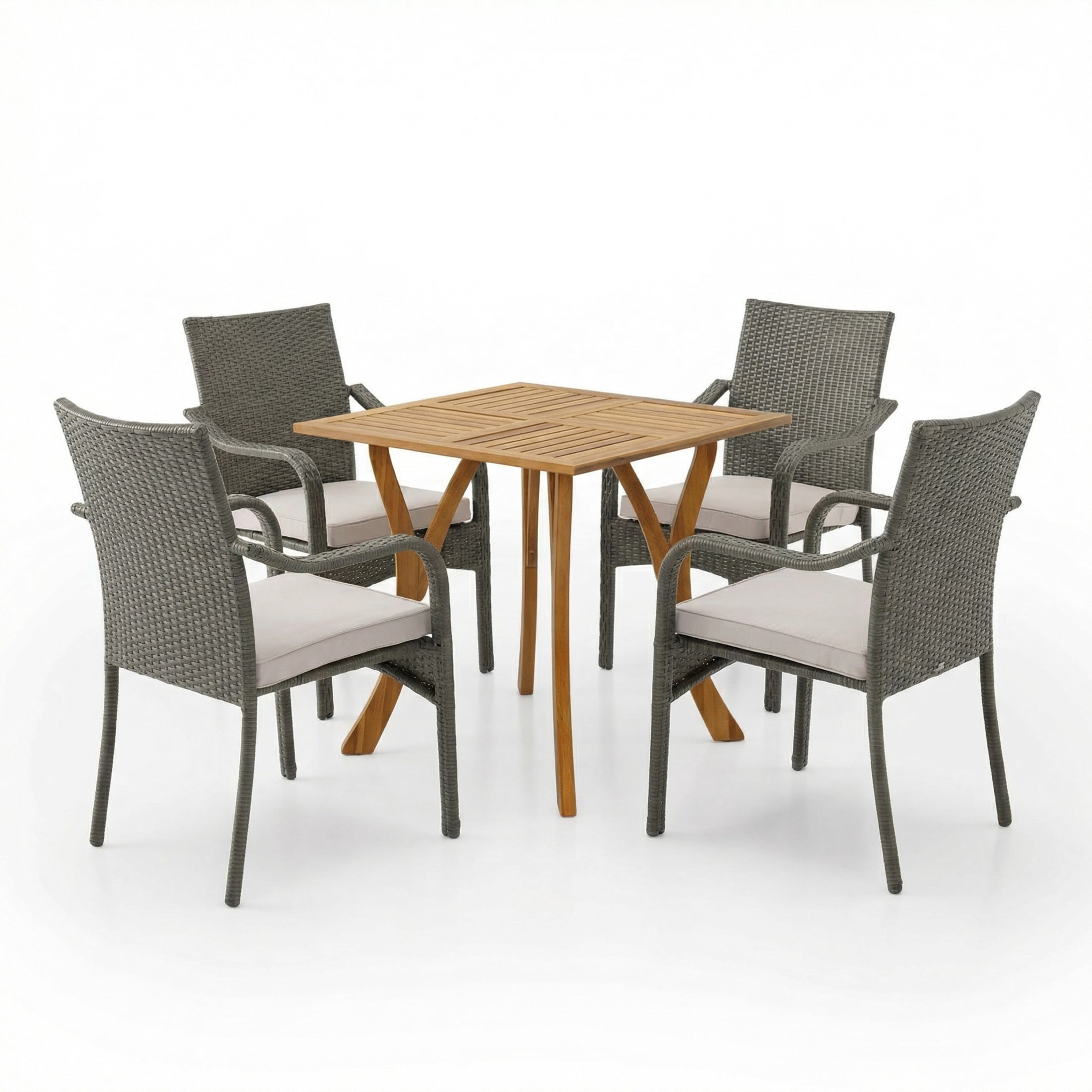 Christopher Knight Home 5-Piece Outdoor Dining Set, Teak Wood Table with Gray Rattan Stacking Chairs