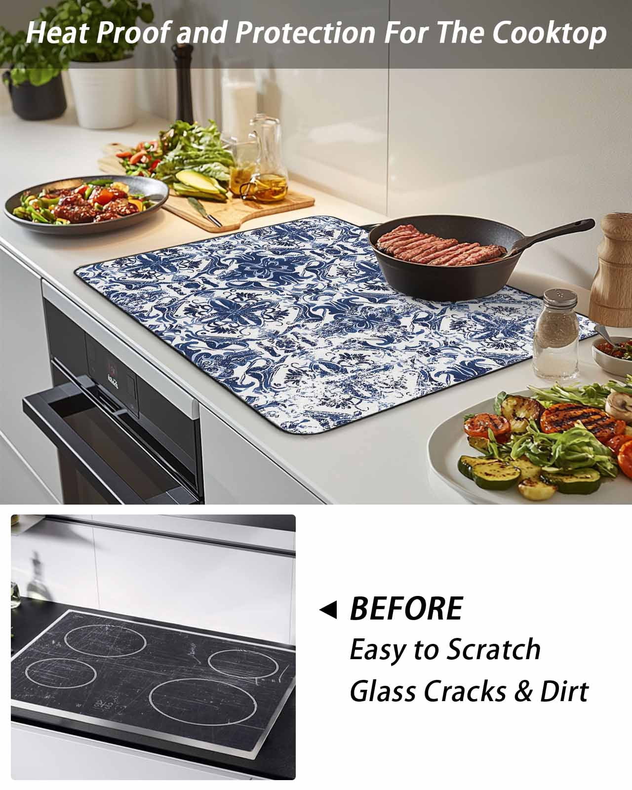Stove Top Covers for Electric Stove, Navy Blue Boho Glass Stovetop Cover Protector, Ehtnic Abstract Art Modern Geometric Induction Cooktop Protector Oven Mat for Kitchen Countertop 24"x21"