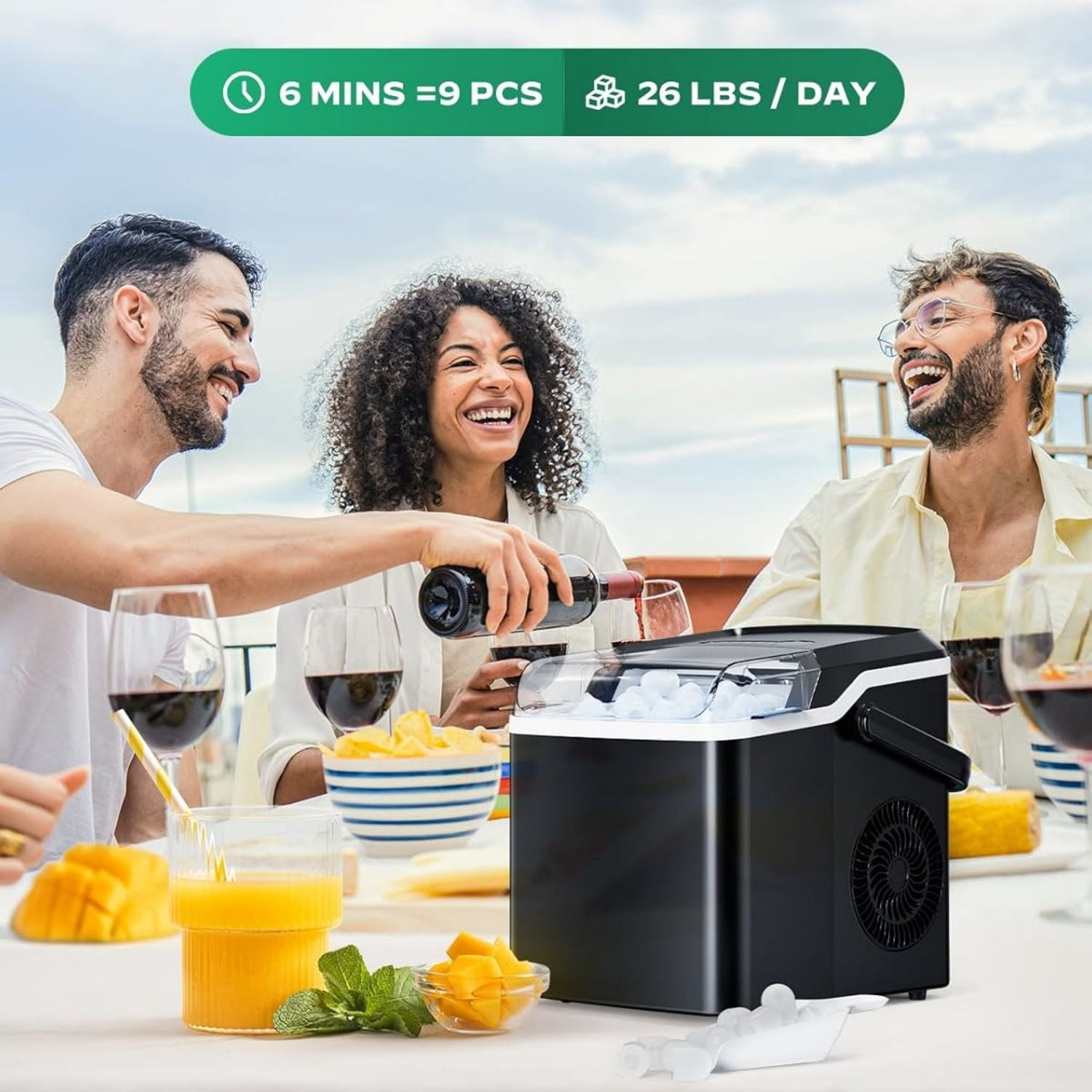 Countertop Ice Maker, 9 Cubes Ready in 6 Mins, 26lbs in 24Hrs, Portable Ice Machine with Self-Cleaning, 2 Sizes of Bullet Ice for Home/Kitchen/Party/RV, Black