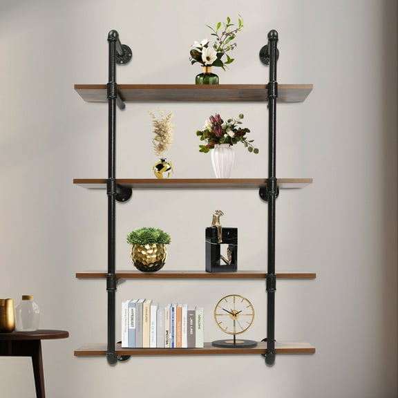 Industrial Pipe Shelving Wall Mounted 4 Tiers Metal Floating Shelves Home Office Real Wood Book Shelves