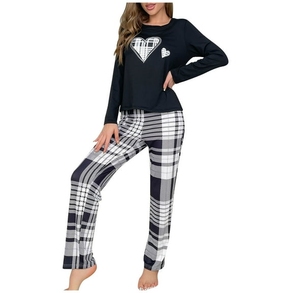 Womens Pajama Sets Heart Checkered Print Long Sleeve Top and Pants Two Piece Black Women's Sleepwear L