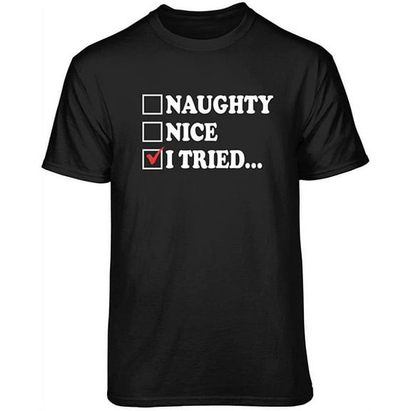 Teelocity Naughty Nice I Tried Graphic T-Shirt (Medium - Standard Fit, Black Red Check)