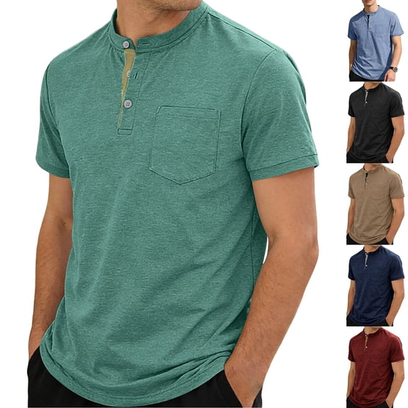 Men's Stand Up Collar Short Sleeve Casual Shirt Tops Three Button T-Shirt Solid Color Polycotton Top Summer Outdoor Travel Golf Fashion Outfit for Him | JASKFLY,Black L
