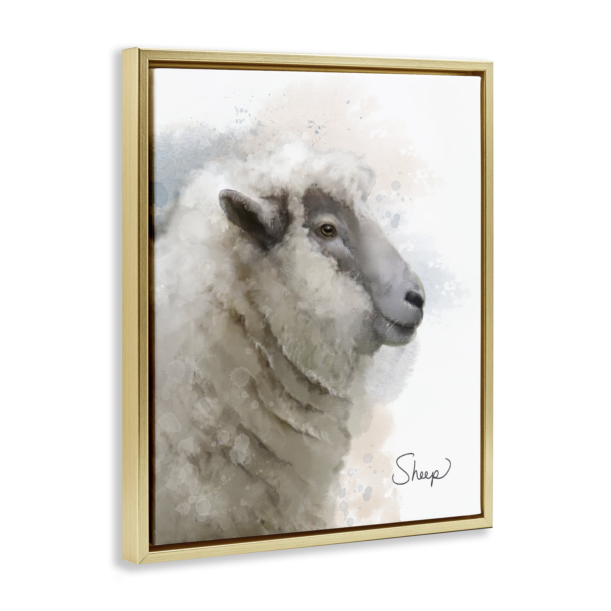 Stupell Industries Smiling Farm Sheep Animals Painting Gold Floater Framed Canvas Art Print Wall Art, 25 x 31
